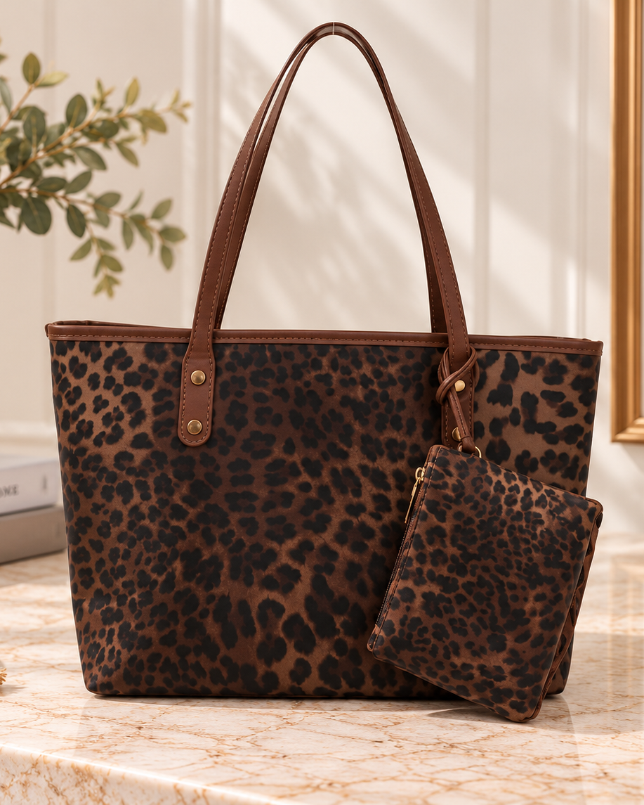 A leopard-print tote bag with brown leather handles and a matching zippered pouch, displayed on a marble countertop in a styled home interior setting.