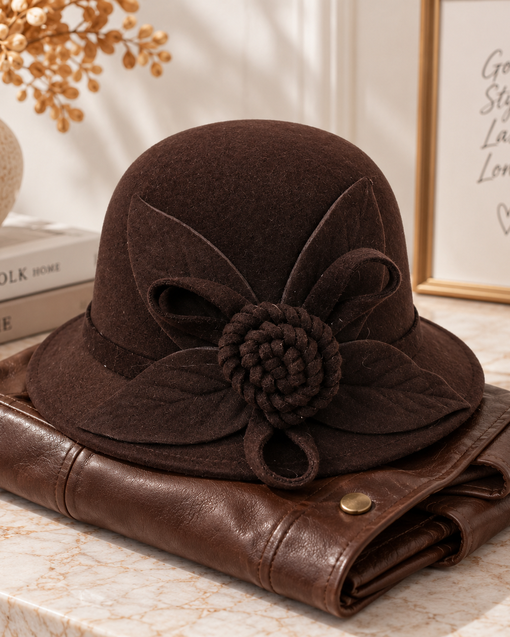 A dark brown felt cloche hat with a large decorative bow and knotted flower on the front, displayed on top of a folded brown leather hat bag on a marble surface.