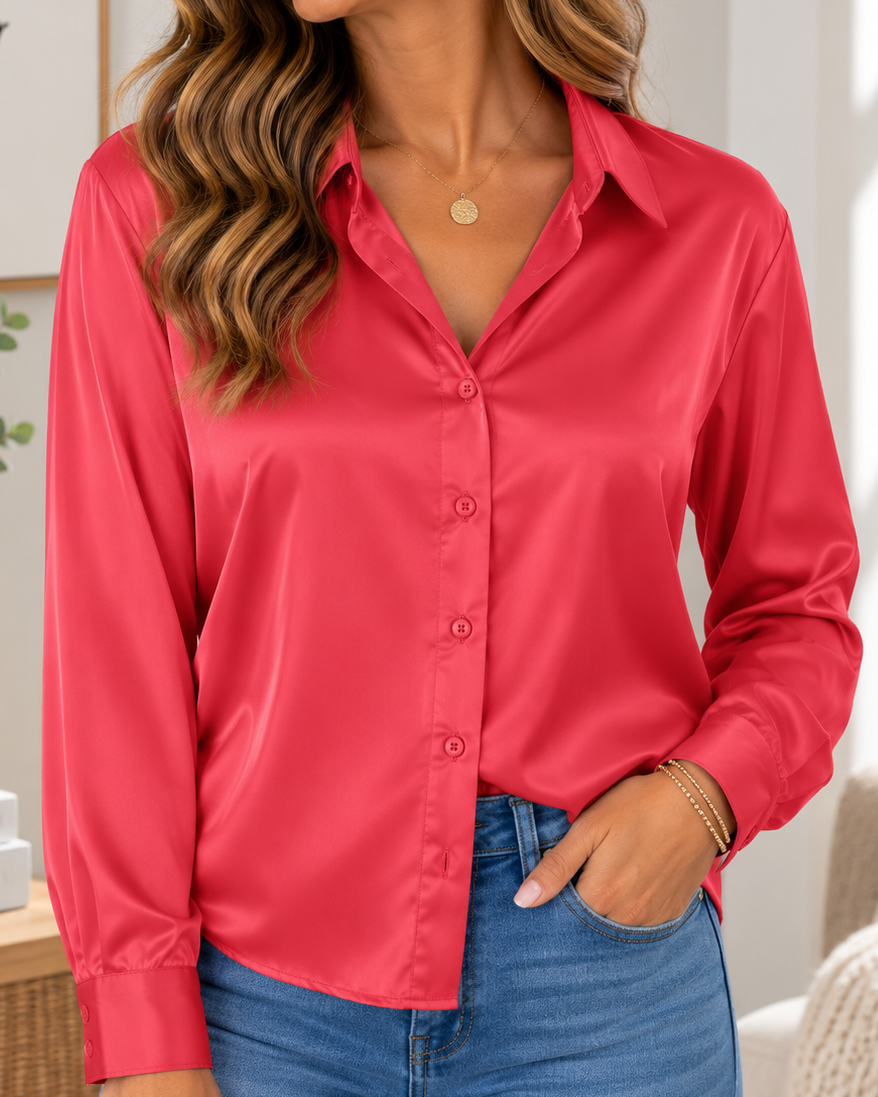 A woman wearing a long-sleeve satin-like button-up blouse in a bright coral pink color, paired with blue jeans, standing in a brightly lit indoor setting.