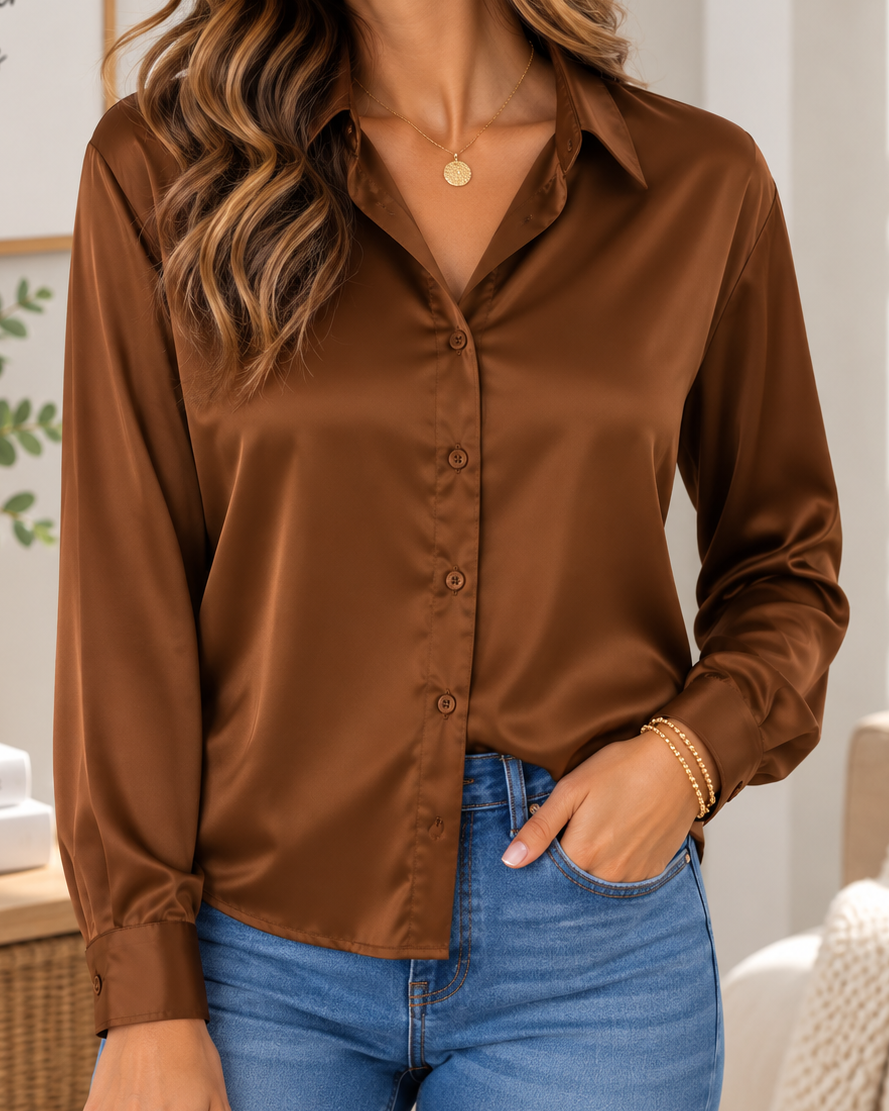 A woman wearing a brown satin button-up blouse with long sleeves and blue jeans, standing in a bright, modern room with a framed print and a plant in the background.