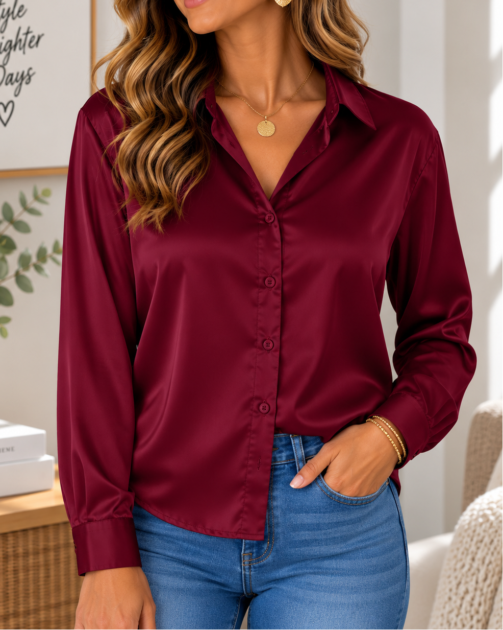 A woman wearing a long-sleeve satin button-up blouse in deep burgundy, paired with blue jeans, standing in a brightly lit room.