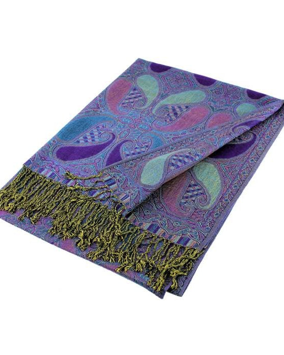 Purple paisley scarf with green tassels on a white background