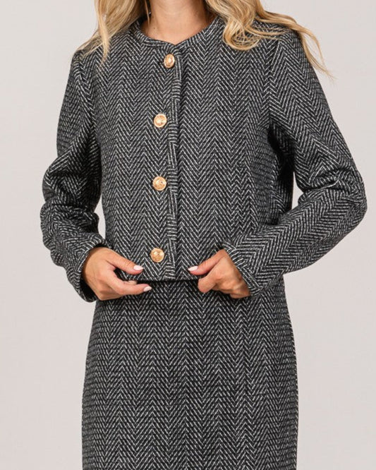 front of tweed jacket with gold buttons