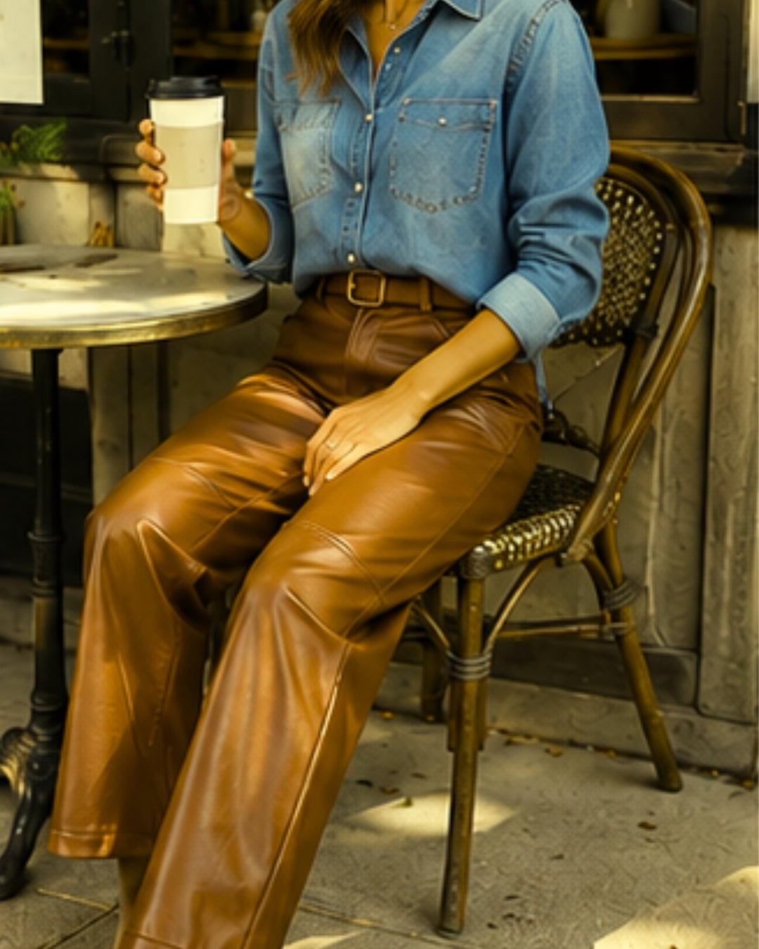 A woman seated at a cafe table wearing a light blue denim shirt and brown faux-leather wide-leg pants, holding a takeaway coffee cup.