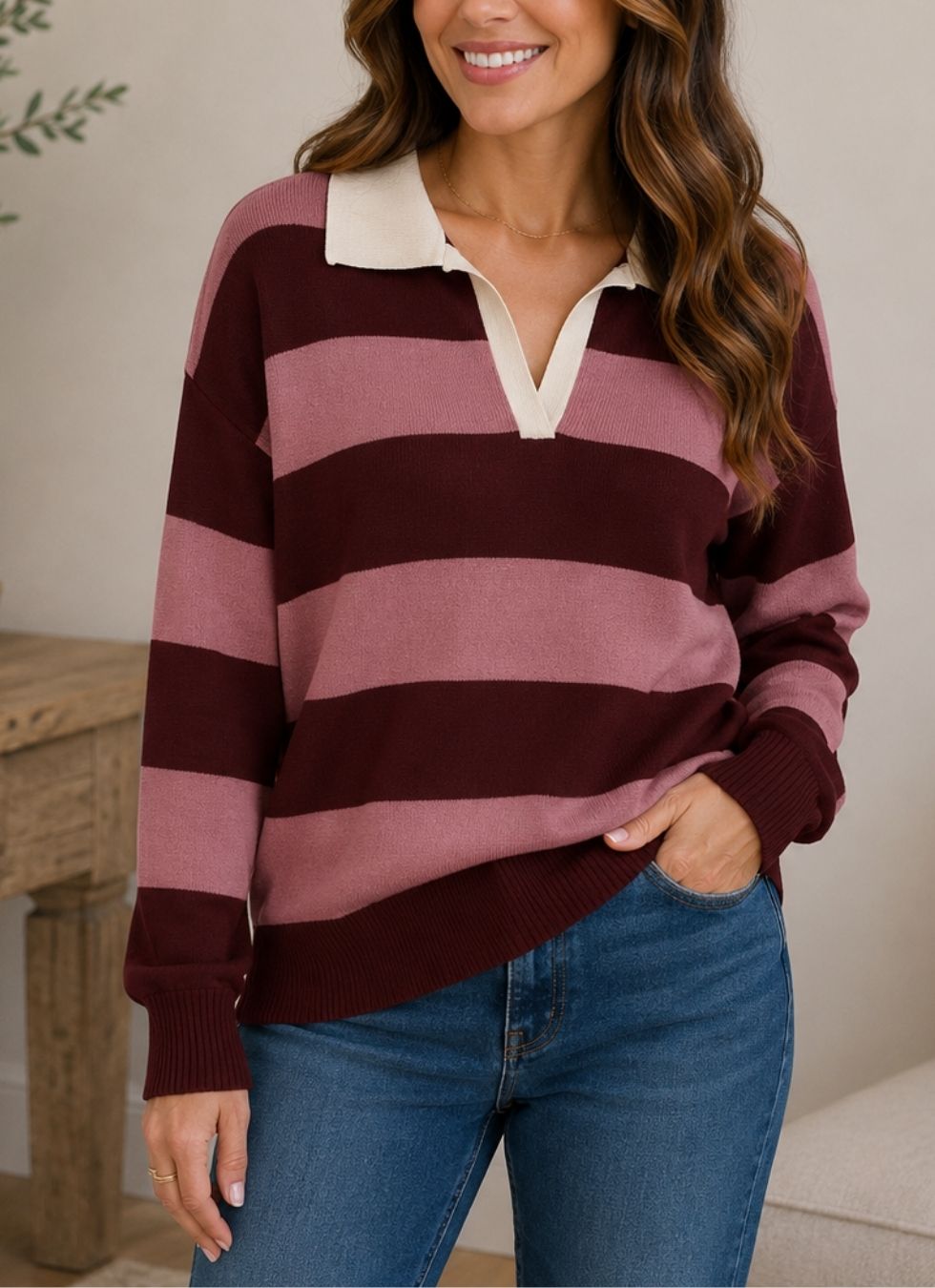 Collared Stripe Knit Sweater