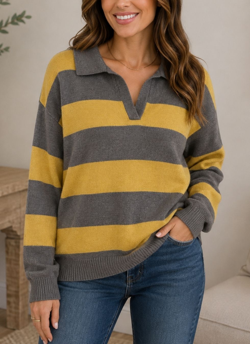 Collared Stripe Knit Sweater