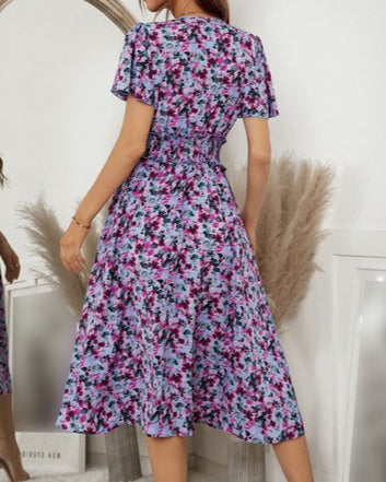 Purple Floral Smocked Waist Midi Dress