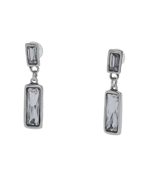 Pair of silver earrings with rectangular gemstones on a white background