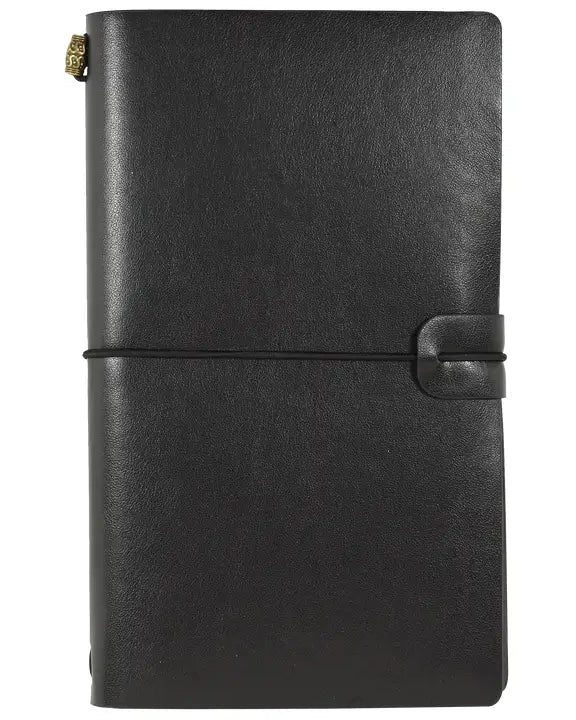 Black leather notebook with a strap closure on a white background