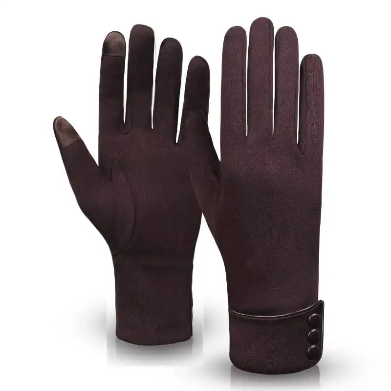 Pair of dark brown gloves with a button detail on a white background