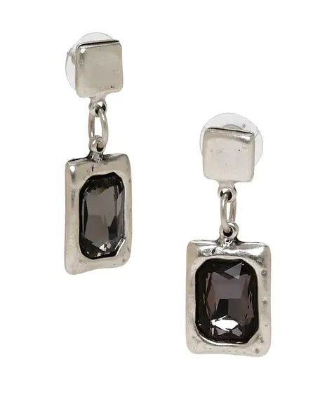 Silver earrings with smoky gemstones on a white background