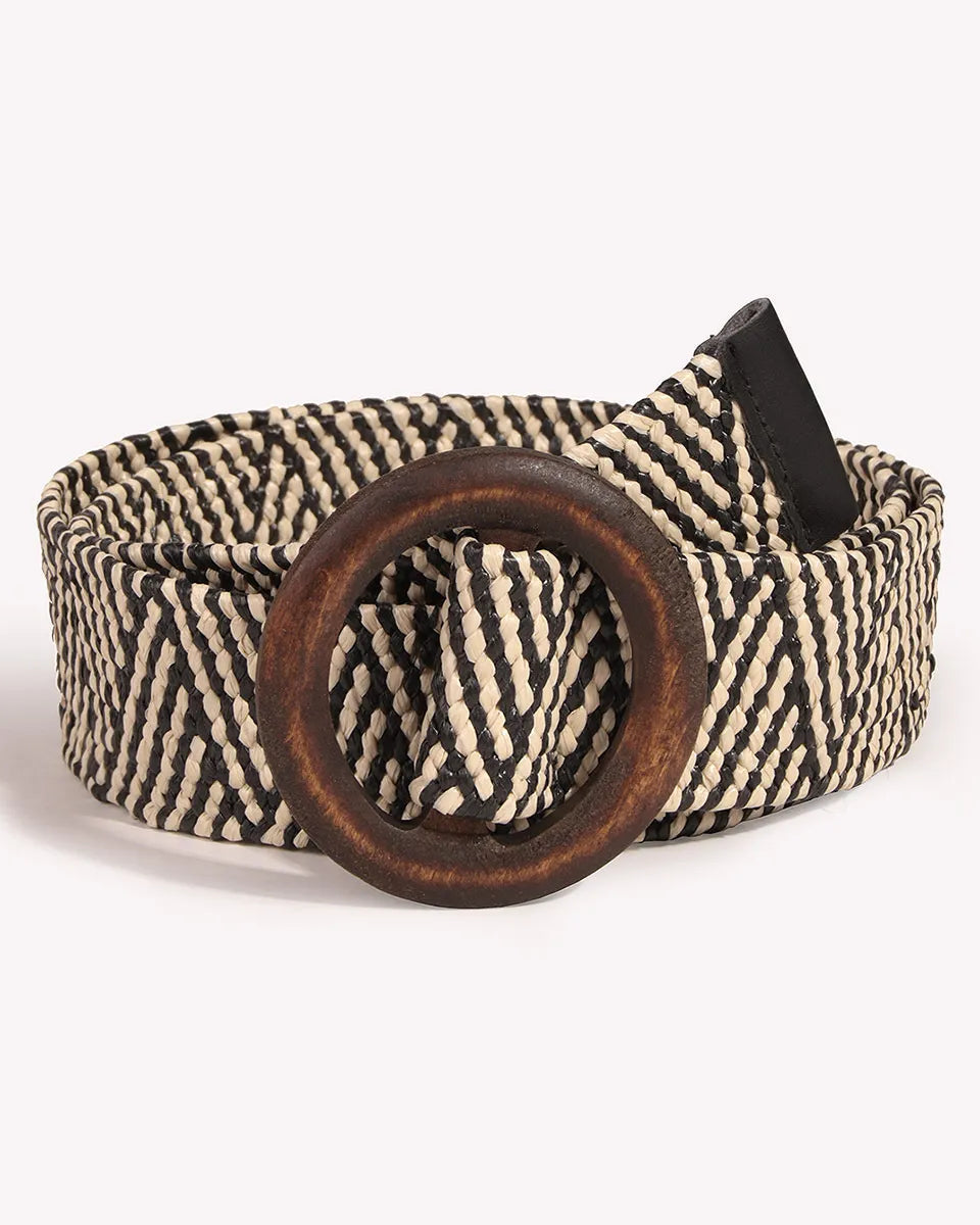 Woven belt with a wooden buckle on a white background