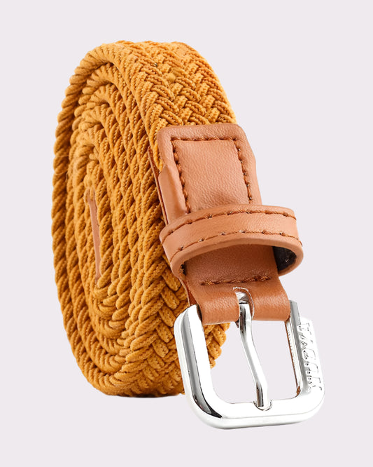 Close-up of caramel woven texture and polished buckle