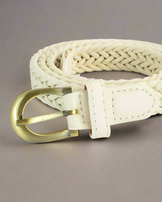 Woven braided belt with vintage pin buckle in neutral tone