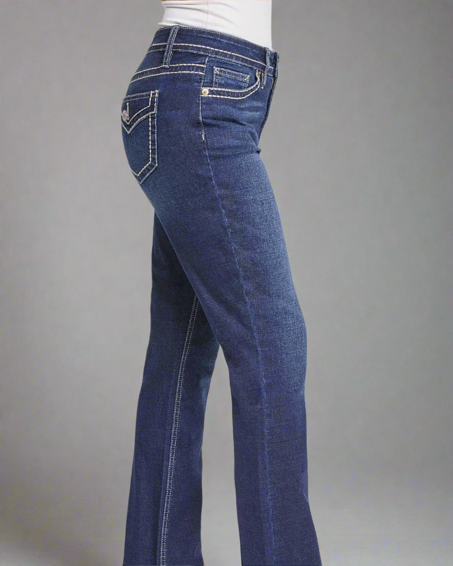 side view bootcut mid-rise denim