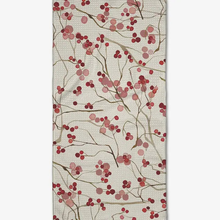 Rug with red berry pattern on a beige background