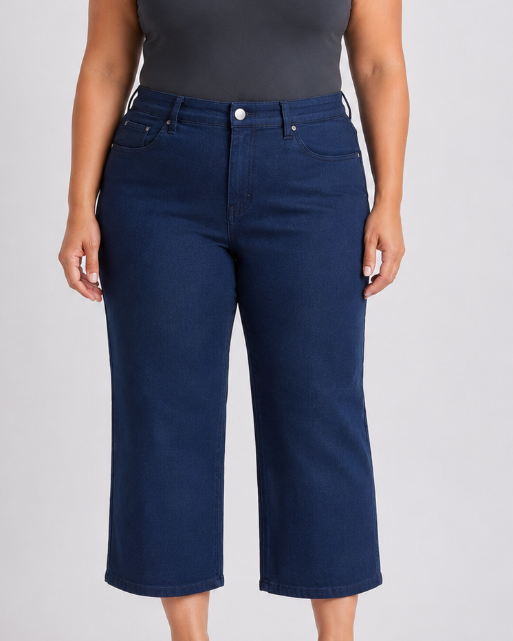 Woman wearing a dark gray tank top and blue jeans on a light gray background