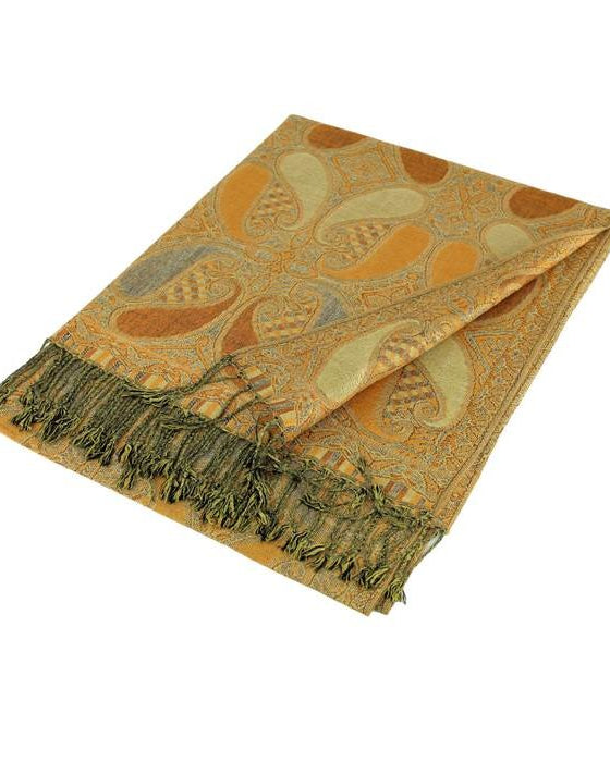 Gold paisley patterned scarf with green fringe on a white background