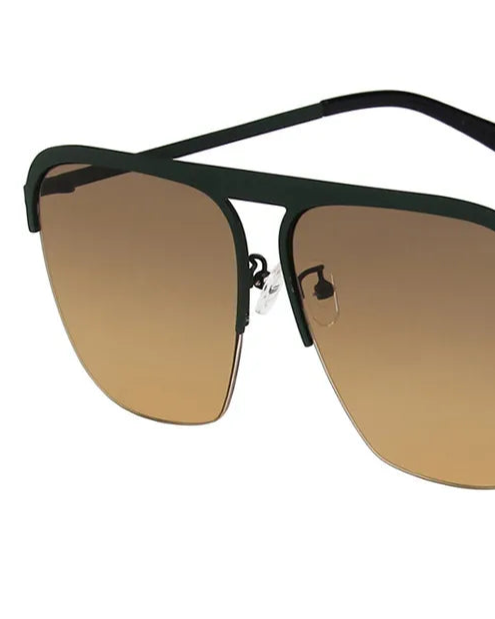 Sunglasses with black frame and brown gradient lenses on a white background