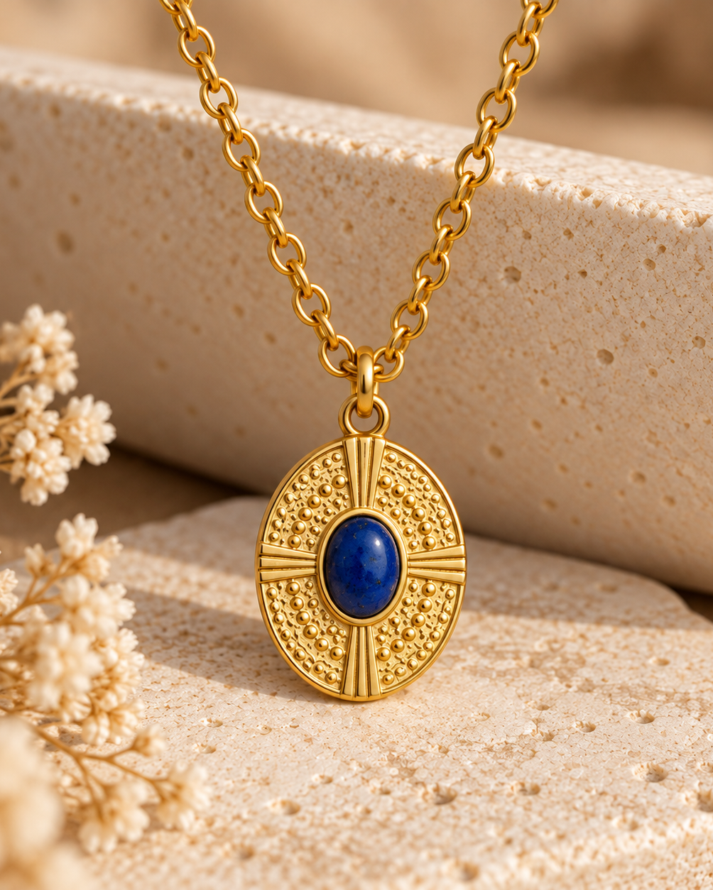 A gold pendant necklace with a circular textured design and a central blue stone, displayed on a beige stone surface with dried flowers.