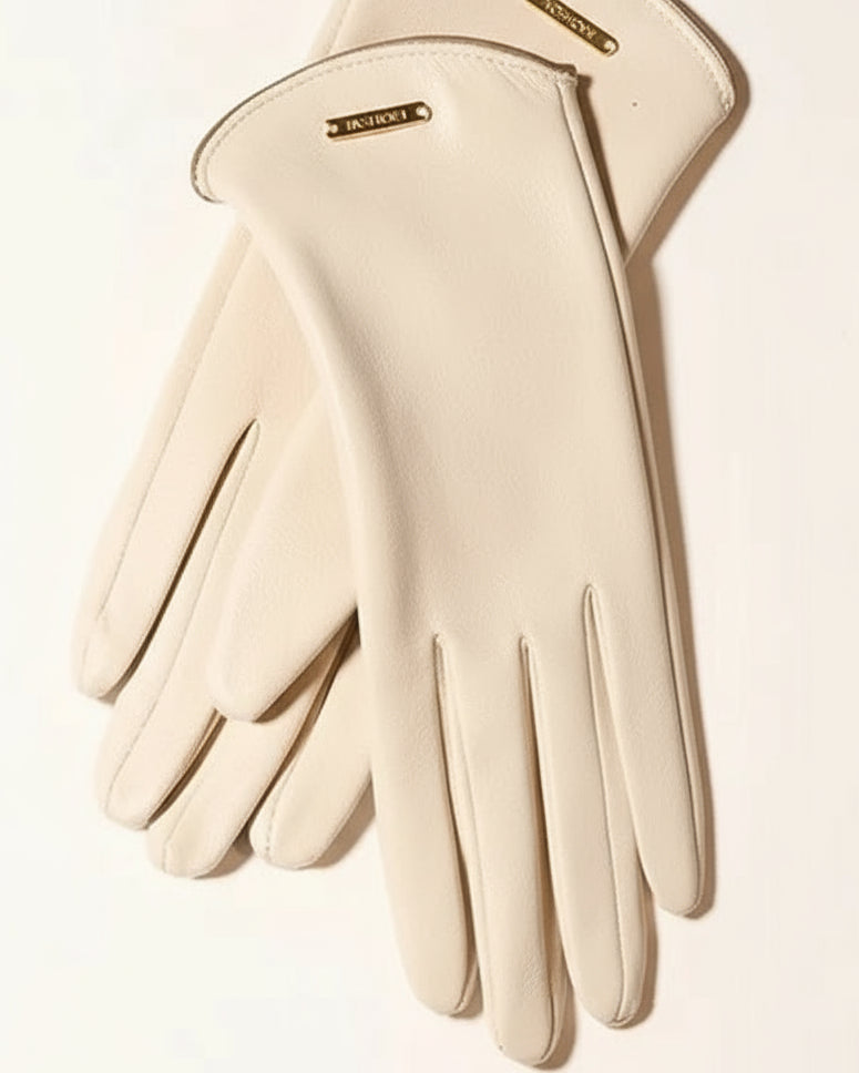 Beige gloves with a brand logo on a light beige background