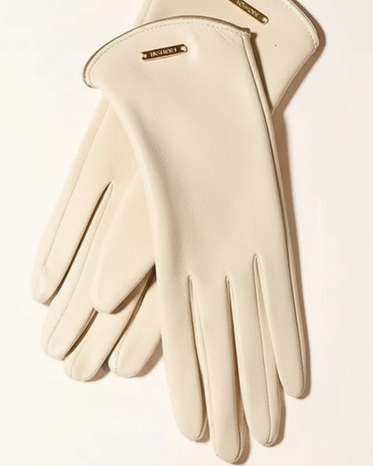 Beige gloves with a brand logo on a light beige background