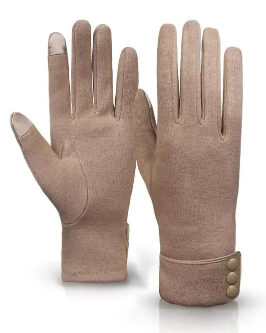 Pair of beige gloves with button details on a white background