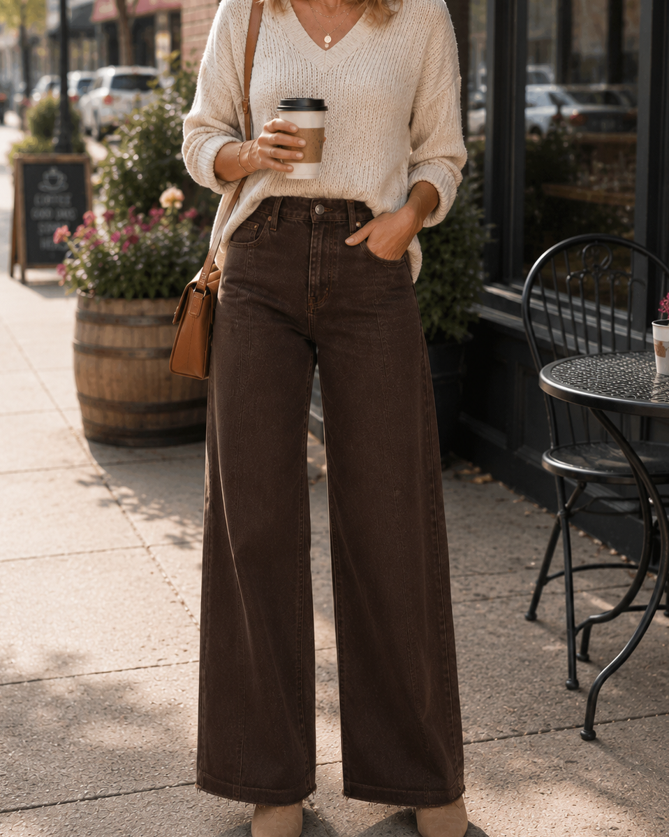 A woman stands on a city sidewalk wearing a cream ribbed knit V-neck sweater, dark brown wide-leg jeans, and beige pointed-toe heels. She is holding a coffee cup and wearing sunglasses, with storefront windows, potted plants, and outdoor seating in the background.