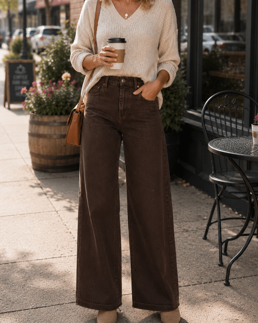 A woman stands on a city sidewalk wearing a cream ribbed knit V-neck sweater, dark brown wide-leg jeans, and beige pointed-toe heels. She is holding a coffee cup and wearing sunglasses, with storefront windows, potted plants, and outdoor seating in the background.