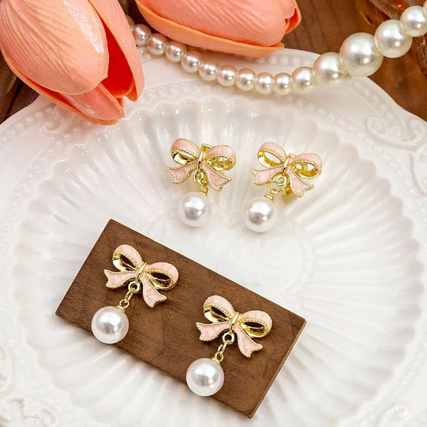 Bow and Pearl Earrings (Clip & Post Styles)