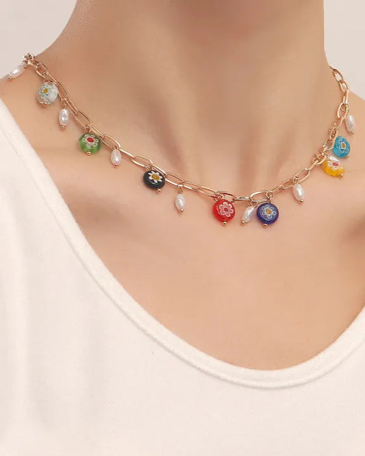 Gold link chain necklace with colorful beads and pearls