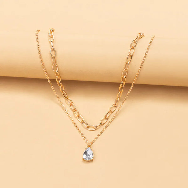 Double Chain Crystal Pendant Necklace