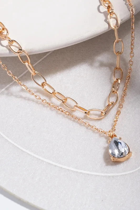 Double Chain Crystal Pendant Necklace