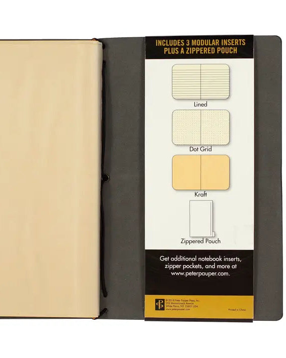 Notebook with modular inserts and a zipped pouch on a white background