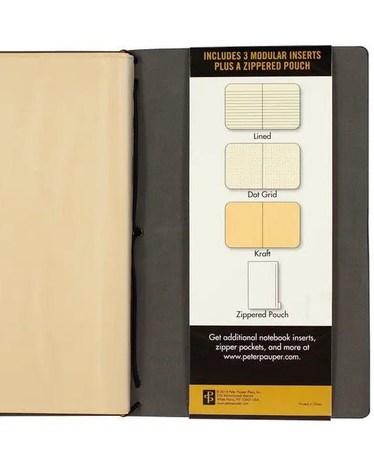 Notebook with modular inserts and a zipped pouch on a white background