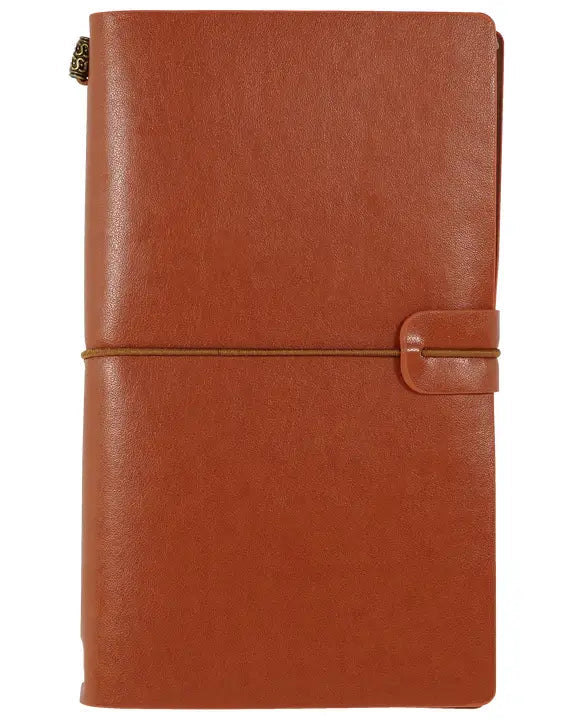 Brown leather notebook with a gold zipper on a white background
