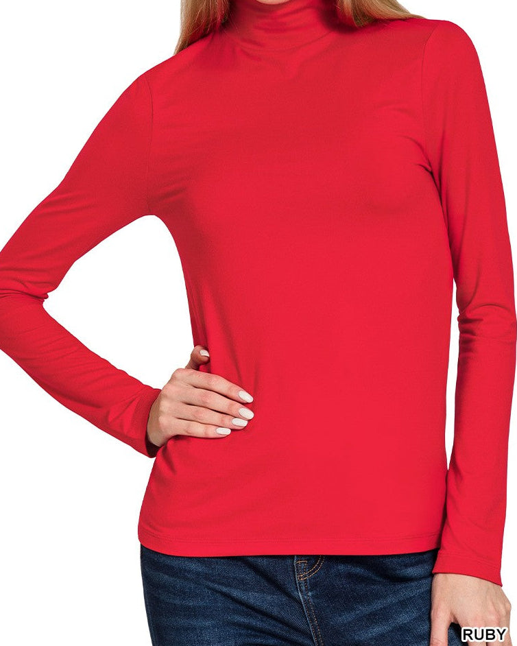 Woman wearing a red turtleneck shirt on a white background