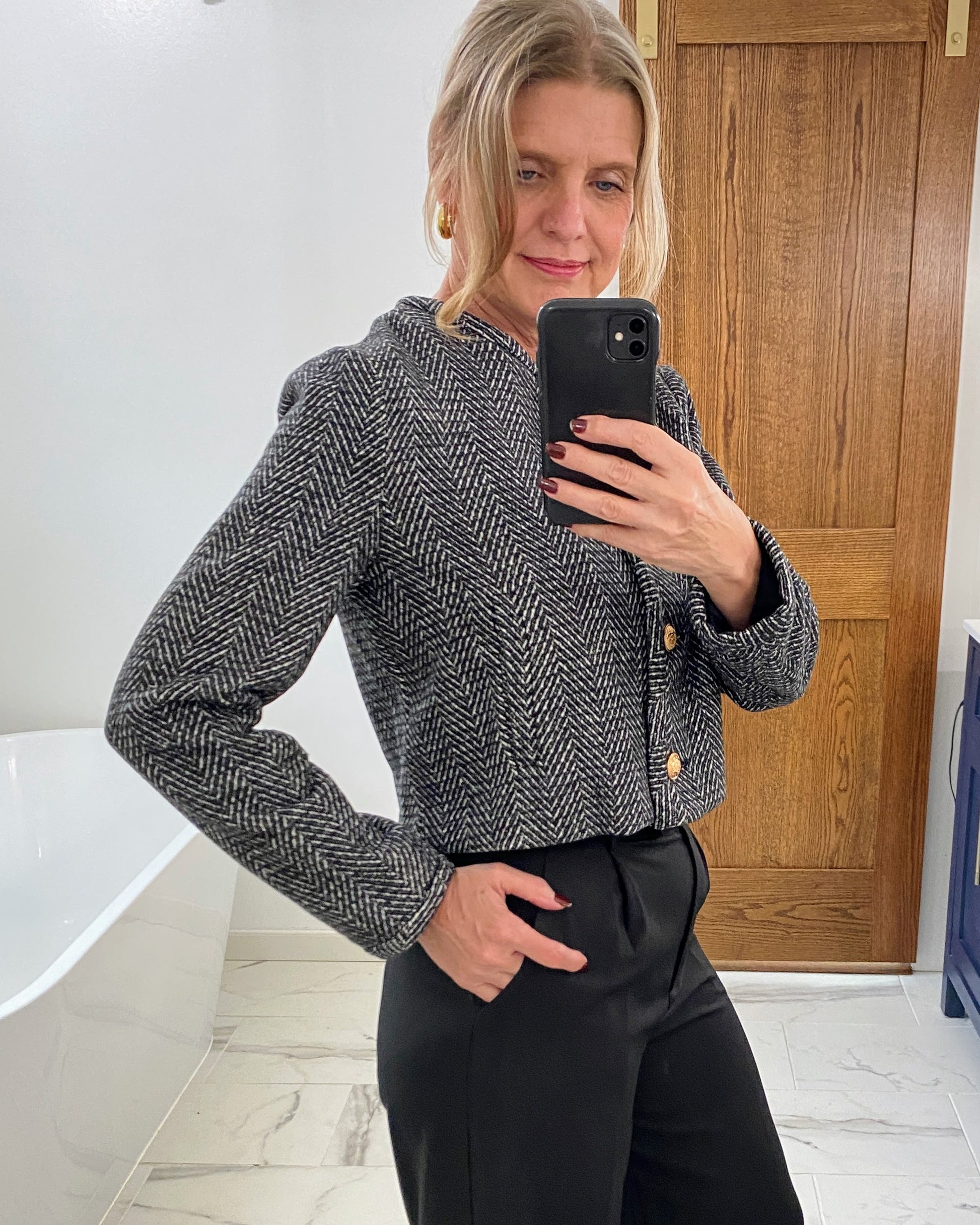 black and white tweed jacket gold buttons