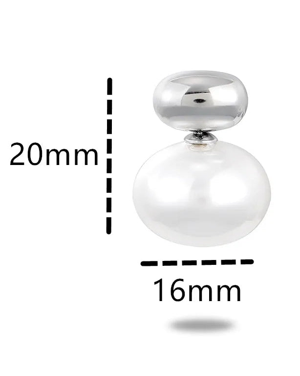 Pair of silver and pearl earrings with measurements and weight on a white background