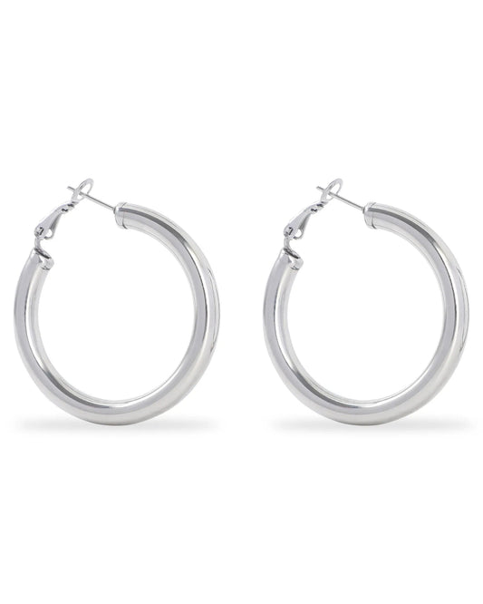 Pair of silver hoop earrings on a white background