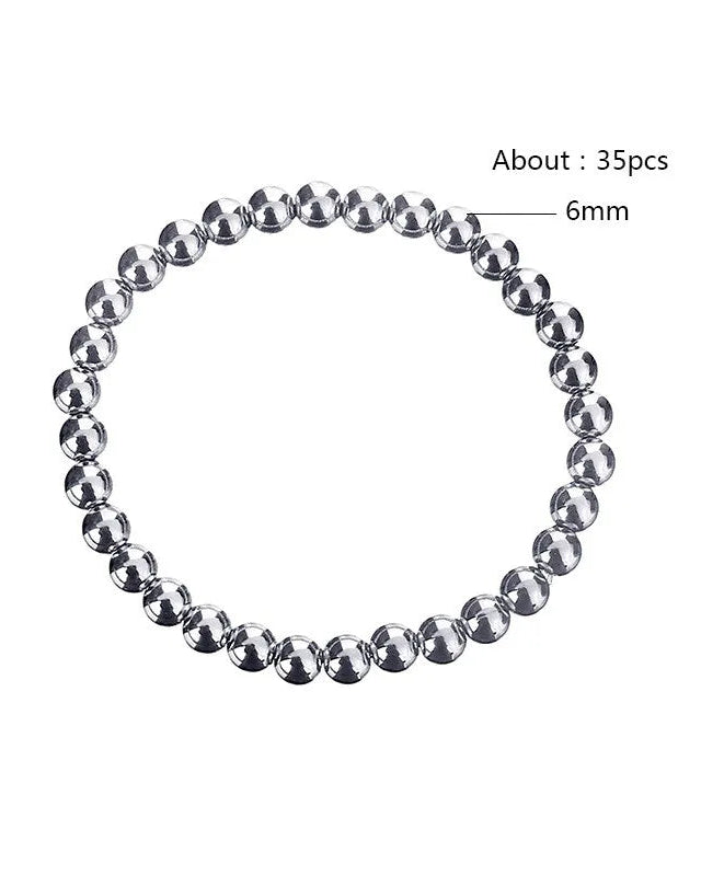 Silver beaded bracelet with measurements on a white background