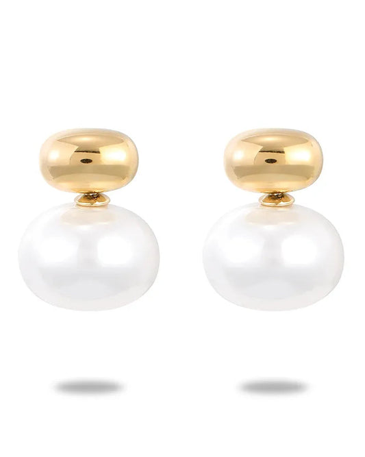 Pair of pearl earrings with gold tops on a white background