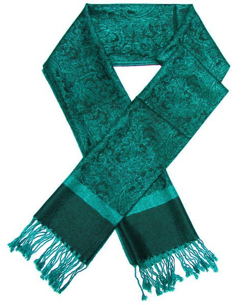 Teal patterned scarf with fringes on a white background
