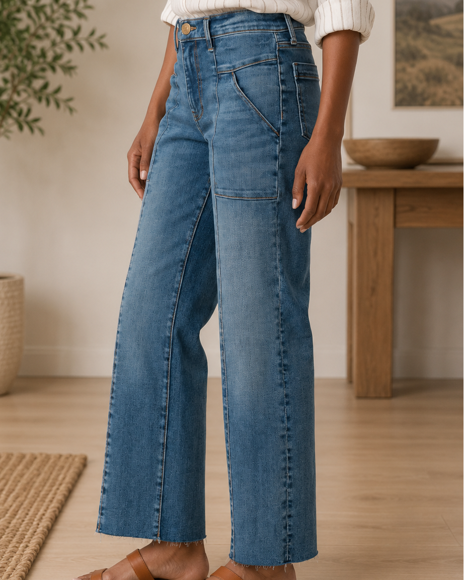 A person wearing high-waisted, wide-leg blue denim jeans with a white long-sleeve top and tan flat sandals, standing in a bright indoor room with a plant, wooden table, and woven rug.